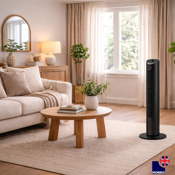 Morris Tower Fan 32 Inch Bladeless Design 3 Speeds Oscillating Remote Control Quiet 45dB for Bedroom Office 7.5H Timer