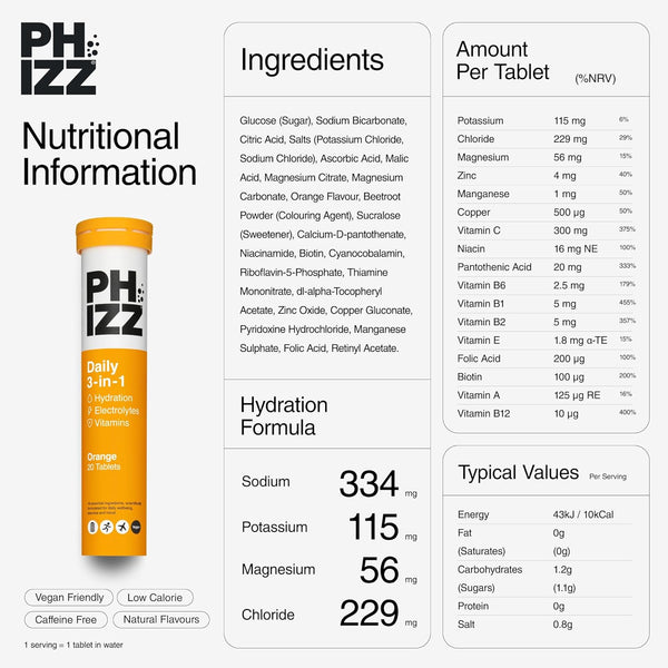 Phizz Electrolytes, Multivitamin & Hydration Tablets - 20 Effervescent Rehydration Electrolyte Tablets - 18 Vitamins & Minerals, Vitamin C, Vegan, Vegetarian & Low Calorie (Orange, 20 Count)