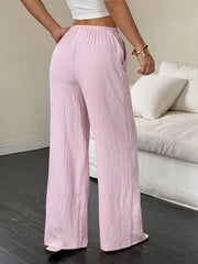 2pcs Women's Spring/Summer Casual Solid Color Waist-Tie Pocket Wide-Leg Pants Set, Suitable for Casual Daily Wear and Vacation