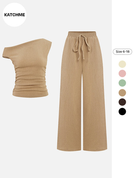 KatchMe Women's 2-Piece Outfit - Sloping Shoulder Top & Wide Leg Pants Set, Shirred Detail Matching Coord, Minimalist Solid Color Two Piece