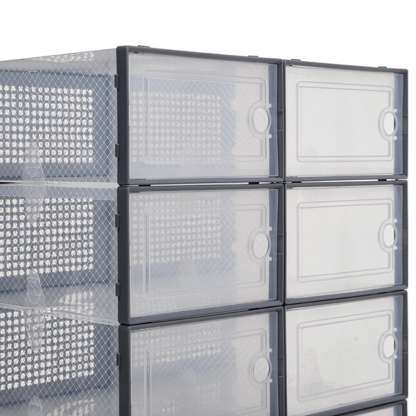 Pack of 12 Stackable Shoe Boxes Shoe Storage Organisers, Sturdy & Durable, Space Saving, Shoe Organizer Containers with Lids for Women/Men, Ideal for Entryway, Closet, Living Room, Bedroom, Office, Dorm, Fit Up To UK Size 9.5, 23x33x14cm
