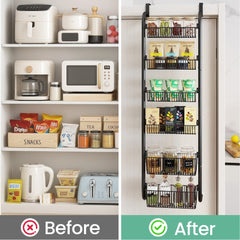 6-Tier Over Door Storage Rack - Heavy Duty Metal Hanging Organizer with Adjustable Shelves 40x150cm for Kitchen Pantry Bathroom - Black