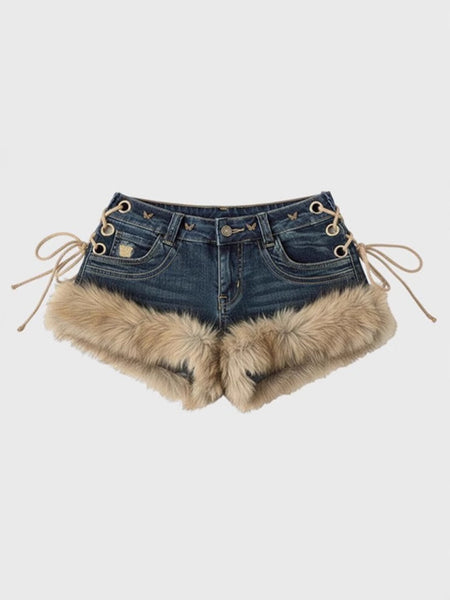 2026 New Y2K Millennial Spicy Jeans, American High Street Fuzzy Patchwork, Low Waist Hot Pants, Trendy for Autumn Winter Wear