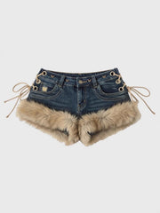 2026 New Y2K Millennial Spicy Jeans, American High Street Fuzzy Patchwork, Low Waist Hot Pants, Trendy for Autumn Winter Wear
