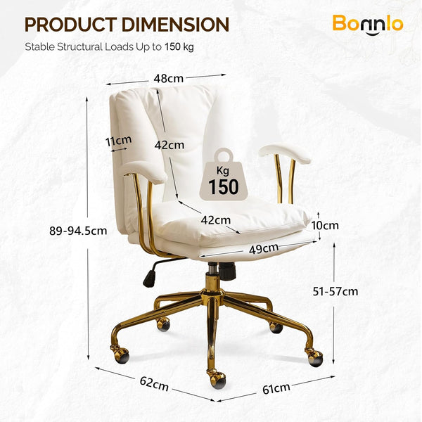 Office Chair Desk Chair with Wheels & Removable Armrests Gold Base Vanity Chair with Back Adjustable Rolling Swivel Computer Task Chair PU Leather