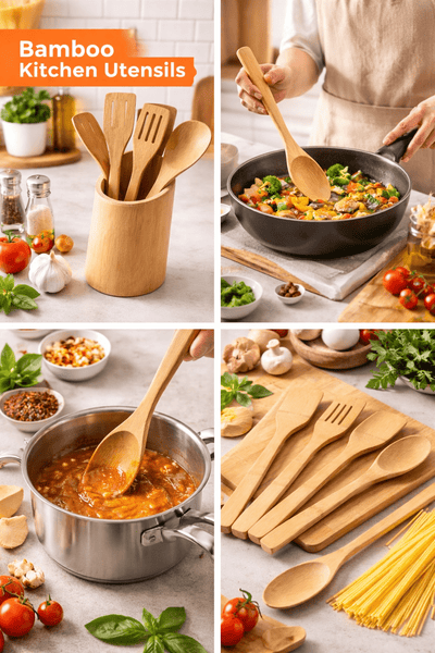 5pcs Bamboo Cooking Utensils Set Wooden Spoons Spatula Non Stick Kitchen Utensils