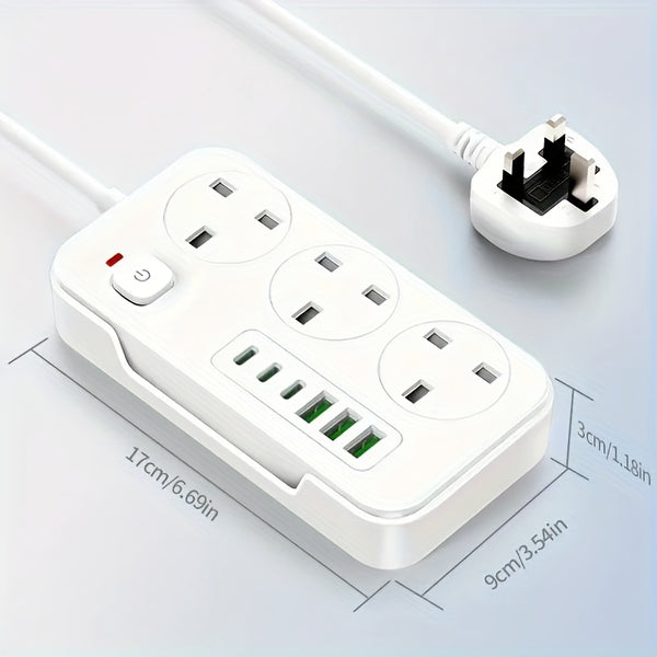 2025 New 9-in-1 Multifunctional Power Strip with Multi-Hole Charger, 1 Power Strip (3AC+3USB-A+3TYPE-C), One Main Switch, Equipped with a 1.9 Meter Long Extension Cord, Designed for Home and Office Use