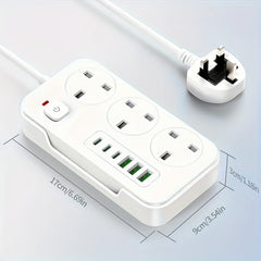 2025 New 9-in-1 Multifunctional Power Strip with Multi-Hole Charger, 1 Power Strip (3AC+3USB-A+3TYPE-C), One Main Switch, Equipped with a 1.9 Meter Long Extension Cord, Designed for Home and Office Use