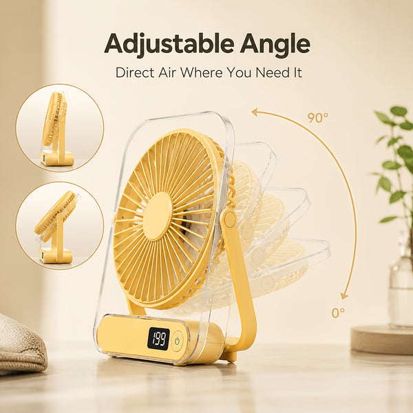 Ultra-Quiet USB Rechargeable Desk Fan with 5000Mah Battery 5 Speeds, Foldable 180° Design, Digital Power Display, Portable And Lightweight, Ideal for Home, Office, Travel, Road Trips, Outdoor Activities Strong, Refreshing Breeze Anytime