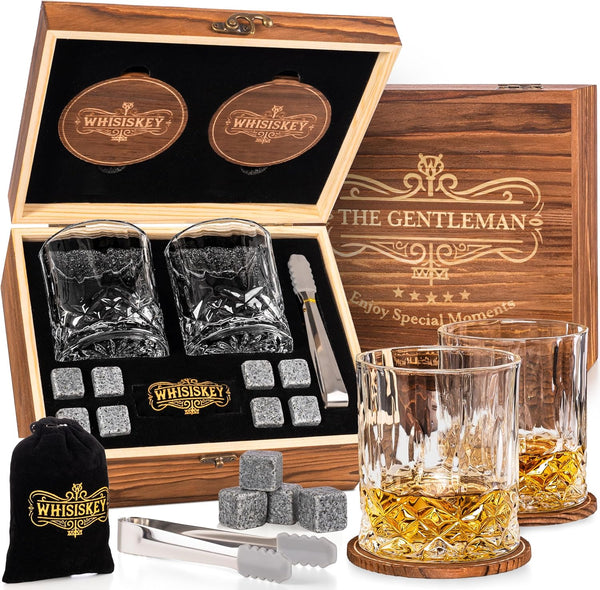 Whisiskey - Whiskey Glass Set - Gift Sets for Men - Whisky Glass Birthday Gifts for Men - Rum Tumblers - Mens Gifts - Whisky Set with 2 Glasses, 8 Whiskey Stones, Accessories