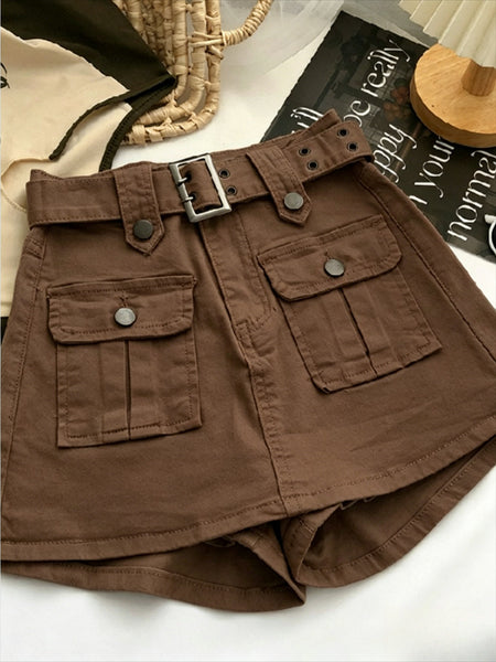 Women's High Waist Cargo Skort with Belt & Built-In Shorts - -Line Mini Skirt, Belted Waistband, Machine Washable Short Length Suitable for,, Casual Attire - Casual Streetwear Outfits