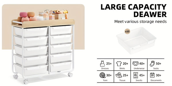 KINGRACK 10 Tier Office Rolling Storage Cart with Large Drawers, Mobile Organizer with Tabletop, Multi-Purpose Utility Cart for Home, Office, And Classroom, Easy to Move with Wheels, Storage Drawer Units