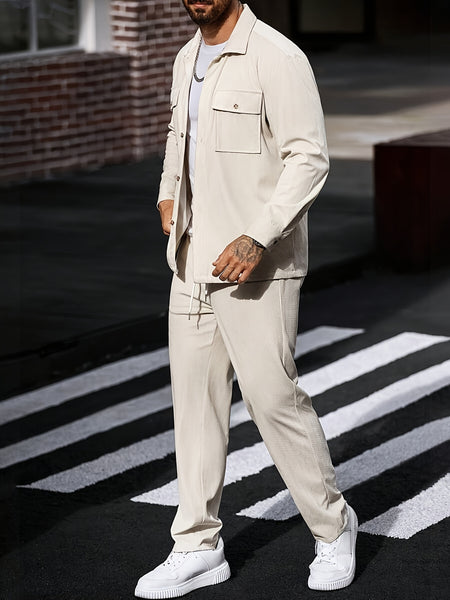 Men's 2pcs Casual Suit, 2-Pocket Shirt and Pants Set for Spring/Autumn, Suitable for Work and Leisure Sports