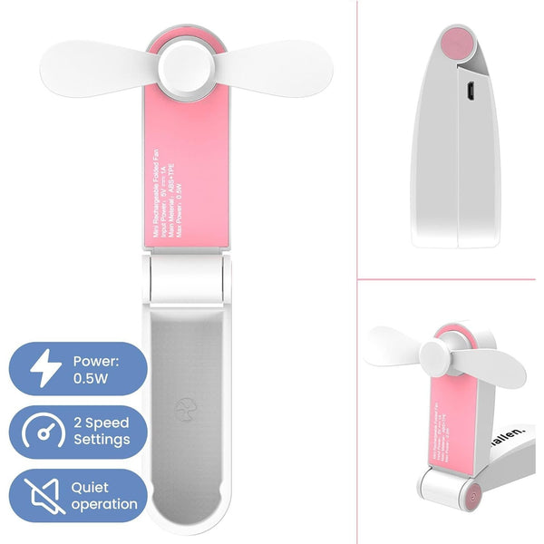 Schallen Portable Mini Folding Pocket Fan USB Rechargeable Electric Handheld Desk Fan Foldable Travel Cooling Fan with Quiet Motor Soft Blades Safe Design Lightweight Personal Fan for Home Office Desk Travel Camping Commuting Summer Cooling Fan (White Gre