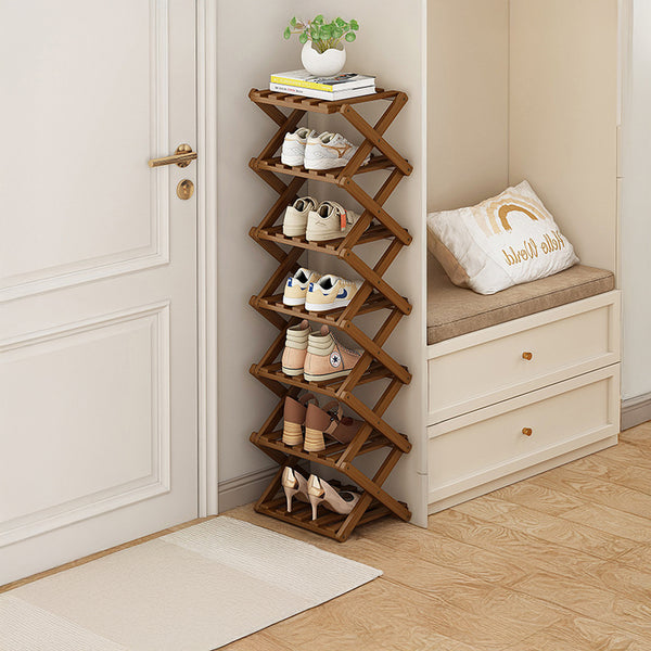 4/5/6/7 Tiers Bamboo Wooden Shoe Rack, Vertical Shoe Racks Storage Shelves Tall Shoe Tower, Collapsible Narrow Shoe Stand, Installation Free Folding X-Shape Shoe Racks Sneakers Slippers Holder Organizer, Multi Functional Shoe Rack Durable Footwear Cabinet