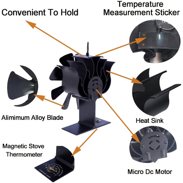 Heat-Powered Wood Stove Fan Compatible for wood/ pellet/ log burners - 8-Blade Portable Fireplace Fan with Temperature Reminder, Non-Electric Air Circulation System, Stove Top Fan for log burners & Fireplaces