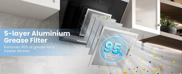 Midea COMFEE' 60cm Angled Cooker Hood Energy Class A++ - Tempered Glass Extractor Hood with Touch Screen, LED Lights, Recirculating & Ducting System, Wall-Mounted Black Kitchen Fan, A Must-Have for Every Home Kitchen