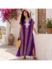 Women Boho Kaftan Dress Long Embroidered Beach Cover Up Lightweight Summer Kaftan Maxi Dress Loose Fit Swimwear Cover Up Holiday Beachwear Gandouri