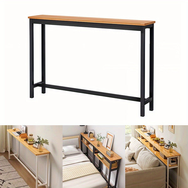 Minimalist Wooden Console Table - Slim Wall-Mounted Single/Double Tier Entryway Shelf with Carbon Steel Frame, Space-Saving Narrow Hallway Table, Bedroom/Living Room Table (80x20cm, MDF Wood + Black/White Metal)