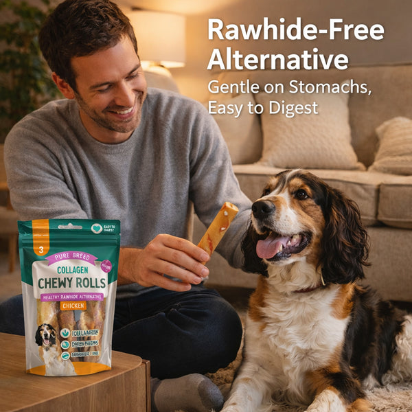 Pure Breed 36 Pack Collagen Dog Chews | Rawhide Free Collagen Chewy Rolls Chicken & Beef | Long Lasting Natural Dog Chews | Easy to Digest Bulk Dog Treats