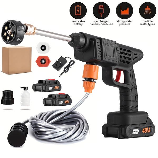 1500W Portable Cordless High Pressure Electric Car Wash - Equipped with 6-In-1 Nozzle, Handheld Car Wash Gun, for Car Wash/Home/Floor/Garden Cleaning, Includes 2 X 6000Mah Batteries