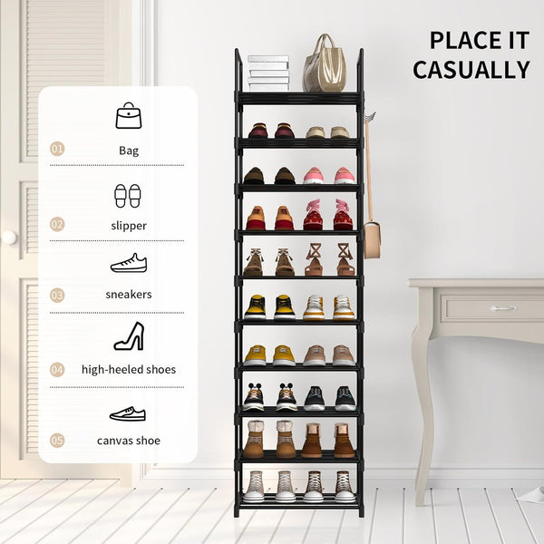 Shoe Rack 10 Tiers Shoe Storage Organiser, Sturdy Space-saving Shelf Tall Shoe Racks, Up to 20-25 Pairs Narrow Shoes Rack Stand for Dress Bedroom, Bathroom, Hallway, Outdoor, 30D x 40W x 175H cm,Black