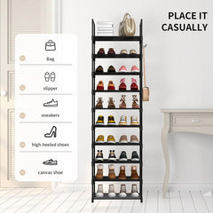 Shoe Rack 10 Tiers Shoe Storage Organiser, Sturdy Space-saving Shelf Tall Shoe Racks, Up to 20-25 Pairs Narrow Shoes Rack Stand for Dress Bedroom, Bathroom, Hallway, Outdoor, 30D x 40W x 175H cm,Black