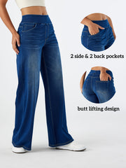 Women'S High-Waist Stretch Denim Wide-Leg Pants with Multiple Pockets, Distressed Vintage Casual Denim Long Pants
