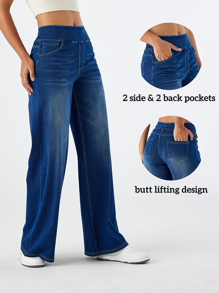 Women'S High-Waist Stretch Denim Wide-Leg Pants with Multiple Pockets, Distressed Vintage Casual Denim Long Pants