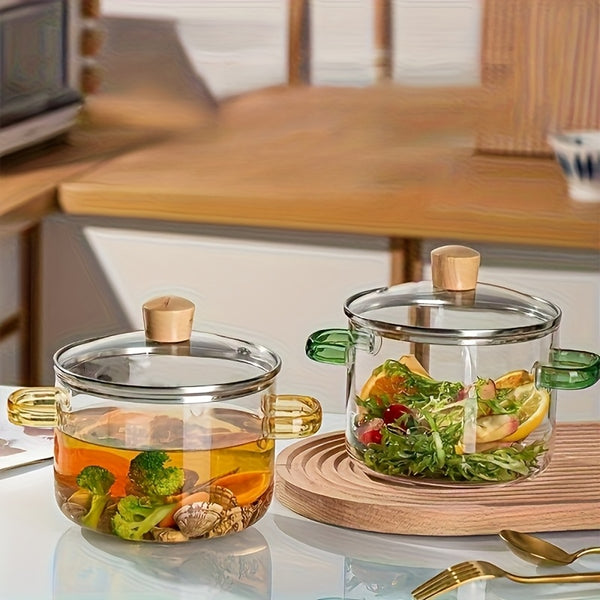 2pcs Glass Casserole Pot Suitable for All Stoves (Gas/Electric/Induction) - Thickened Heat-Resistant Shatterproof Soup Noodle Gravy Pot with Easy-Pour Spout & Even Heating Base, Heavy-Duty Glass Cookware for Home