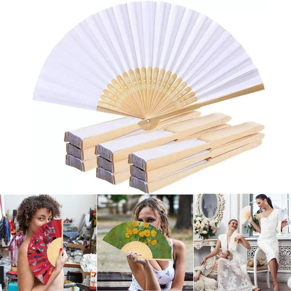 10X White Paper Fan Folding Hand Fans Handheld Fan for Wedding Dancing