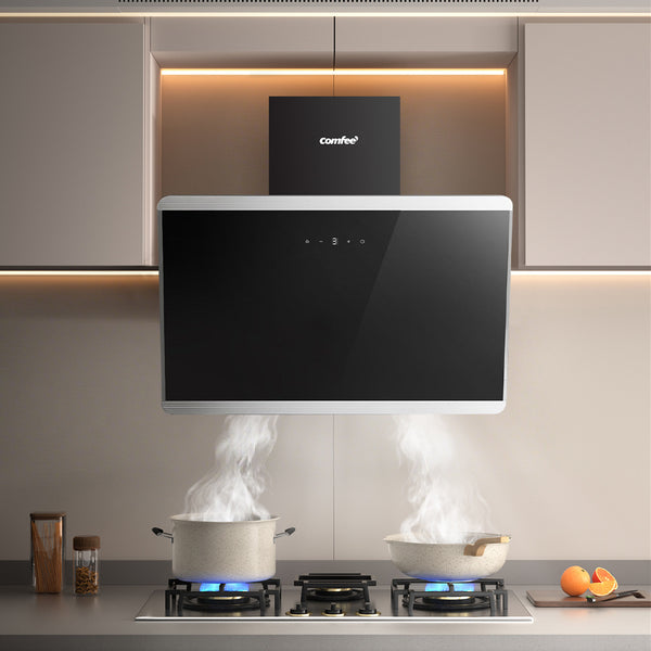 Midea COMFEE' 60cm Angled Cooker Hood Energy Class A++ - Tempered Glass Extractor Hood with Touch Screen, LED Lights, Recirculating & Ducting System, Wall-Mounted Black Kitchen Fan, A Must-Have for Every Home Kitchen