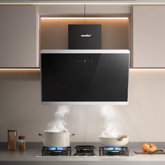Midea COMFEE' 60cm Angled Cooker Hood Energy Class A++ - Tempered Glass Extractor Hood with Touch Screen, LED Lights, Recirculating & Ducting System, Wall-Mounted Black Kitchen Fan, A Must-Have for Every Home Kitchen