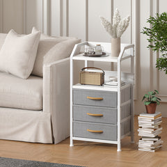 Industrial Rustic End Table with Storage - Nightstand with 3 Fabric Drawers & 2 Shelves, Wood & Metal Bedside Table Suitable for Bedroom, Living Room, Small Spaces - Assembly, Space-Saving