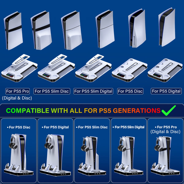 For Ps5/Slim/Pro Cooling Station Stand with Dual Controller Charging Station for Playstation 5 Console, for PS5 Additions Incl. Controller Charger, Cooling Fan, Headset Holder, 3 USB Hub