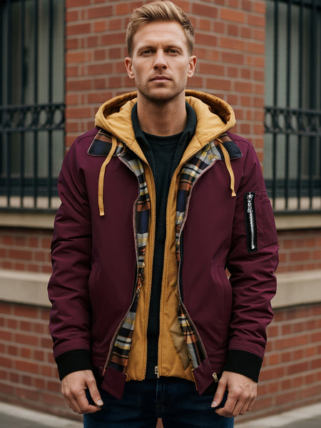 Pearson OBM Men'S Winter New Korean-Style Hooded Jacket, a Casual And Trendy Outerwear, Solid Color, Formal Style, with Zipper Details