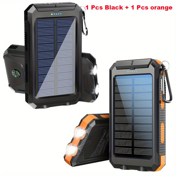 2pcs 20000mAh Portable Solar Power Bank, Portable Solar Mobile Phone Charger, Camping External Battery Charger for Mobile Phones, 2 USB/ LED Flashlights with Compass for Outdoor Activities