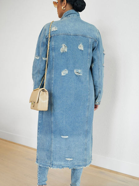 New Style Ripped Denim Jacket with Genuine Pockets - Long Women's Denim Jacket