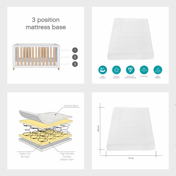 Tutti Bambini Fika 4 Piece Nursery Set with Sprung Mattress, White & Light Oak