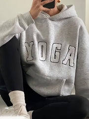 2024 New YOGA Letter Embroidery Gray Casual Loose Sports Sweatshirt, Women's Top, Sports Hoodie
