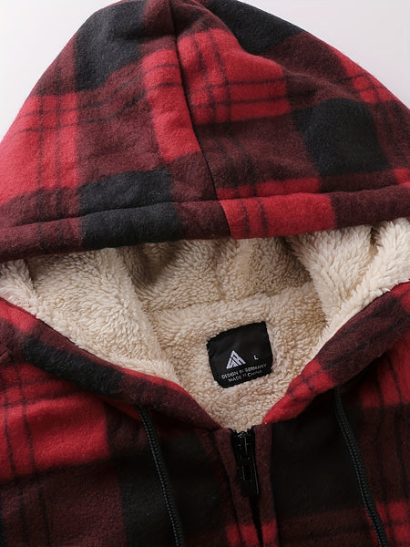 Men's Heavyweight -Lined Hooded Jacket - Full-Zip Plaid Thickened Shirt with Pockets and Adjustable Drawstring, Comfortable and Warm for Autumn and Winter