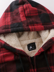 Men's Heavyweight -Lined Hooded Jacket - Full-Zip Plaid Thickened Shirt with Pockets and Adjustable Drawstring, Comfortable and Warm for Autumn and Winter