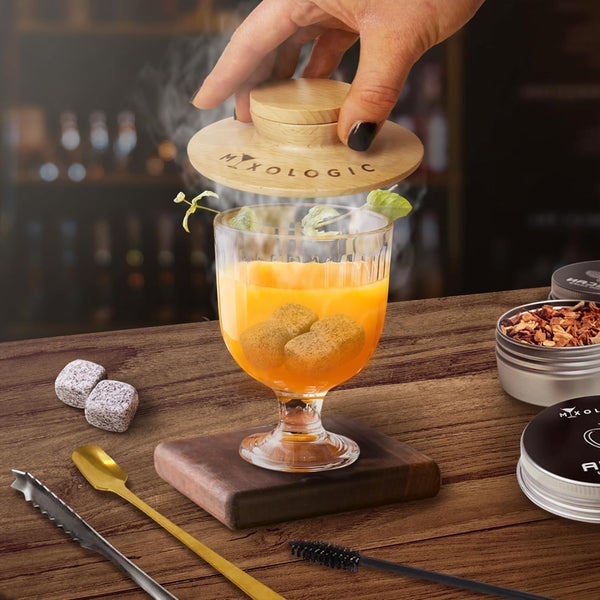 MIXOLOGIC Whiskey Smoker Kit with Torch, 6 Wood Chips, Ice Stones & Accessories, Old Fashioned Whisky Set, Cocktail Smoker for Drinks, Bourbon Infuser, Gift for Men, Husband, Dad (No Butane)