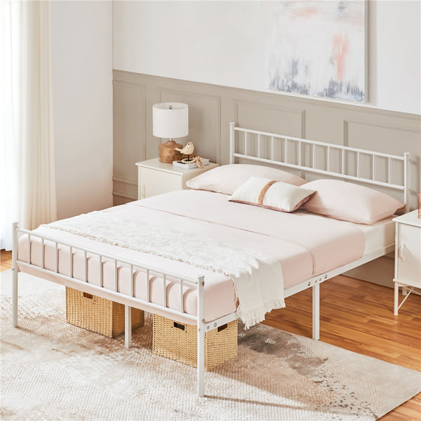 Costoffs Metal Bed Frame, Single/Double Size Bed Platform with Slatted Headboard and Footboard, Solid Slat Support, Large Storage Space, Easy Assembly Bed, Modern Mattress Foundation, Black/White/Pink/Silver