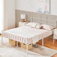 Costoffs Metal Bed Frame, Single/Double Size Bed Platform with Slatted Headboard and Footboard, Solid Slat Support, Large Storage Space, Easy Assembly Bed, Modern Mattress Foundation, Black/White/Pink/Silver
