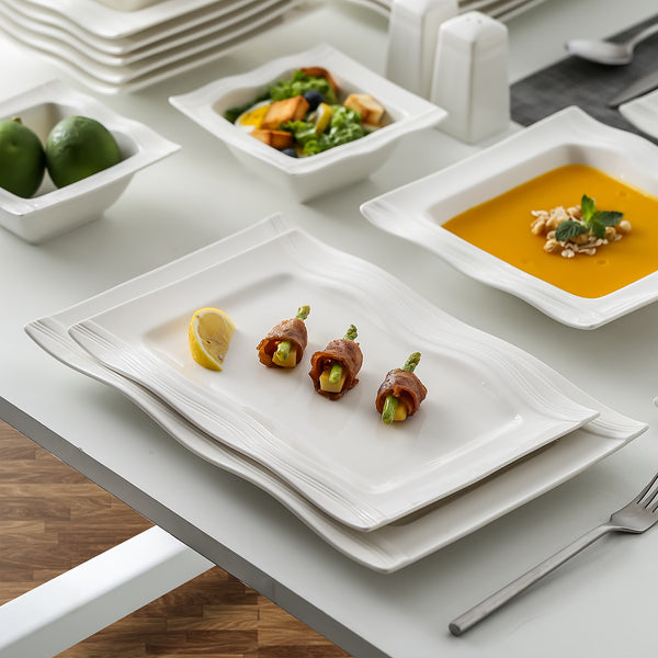 Set of 28 White Porcelain Square Dinnerware, Includes Plates And Bowls for 6 People