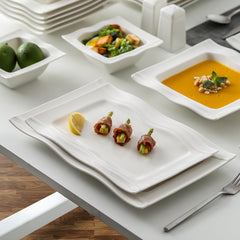 Set of 28 White Porcelain Square Dinnerware, Includes Plates And Bowls for 6 People
