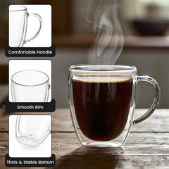 4pcs Double Walled Mugs with Handles 350ml Coffee Borosilicate Glasses Insulated Latte Cups Temperature Heat Resistant for Hot or Cold Drinks Cafe & Tea Glassware Stylish Drinkware for Cappuccino, Latte, Espresso, Tea, Juice, Pack of 4 (Clear)