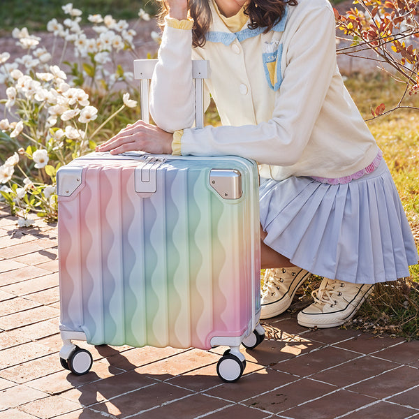 Cabin Luggage, Multifunctional Suitcase, Travel Suitcase, Carry-on Luggage with Cup Holder, Stand, Hook, Dreamy Rainbow Gradient Luggage 18 Inch, Lightweight & Durable Trolley Case with Spinner Wheels