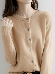 2026 New Spring Autumn Women'S 100% Cashmere Crew Neck Cardigan, Loose Slim Fit Versatile Short Sweater Coat